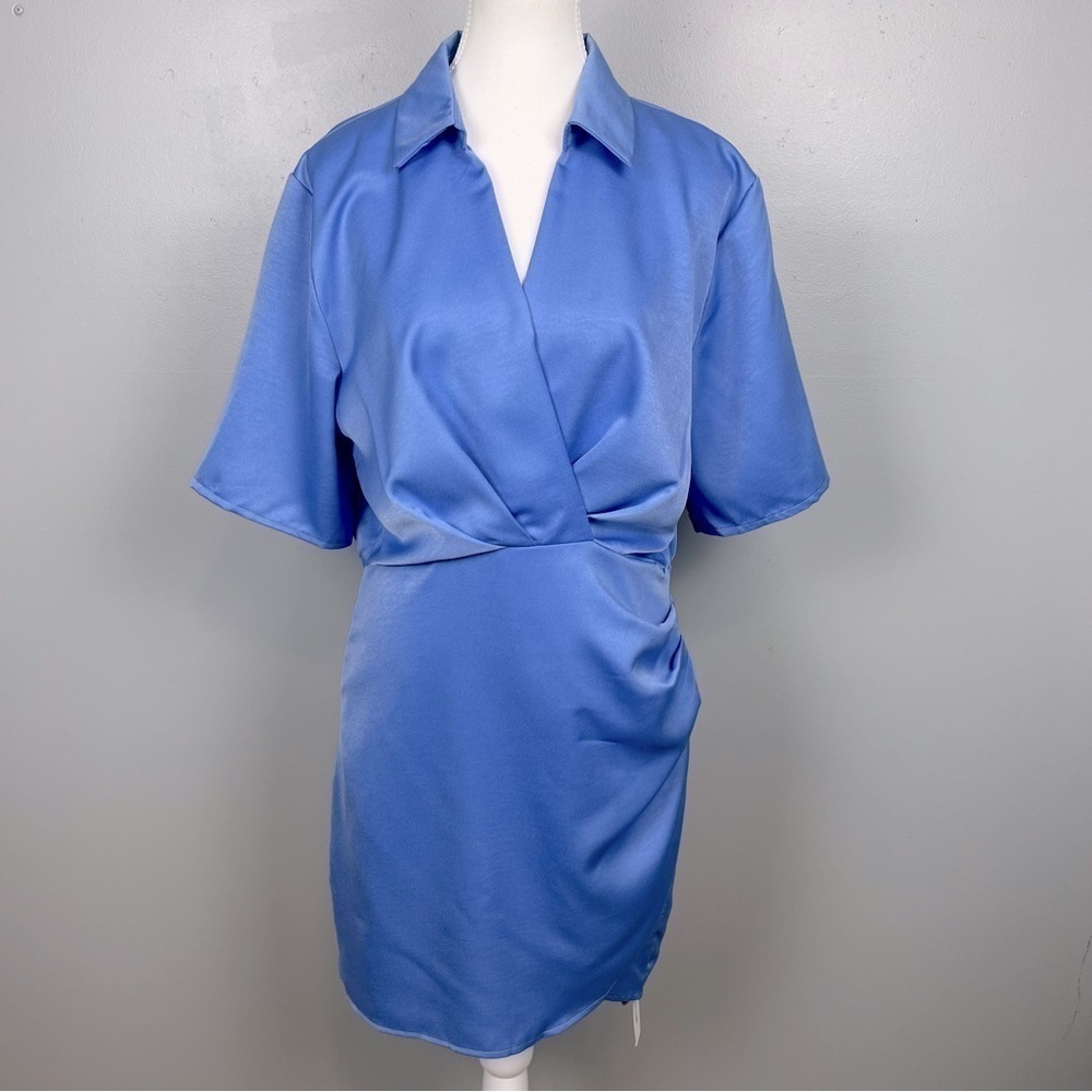 NWT Cider blue ruched side zip shirt dress, side medium.